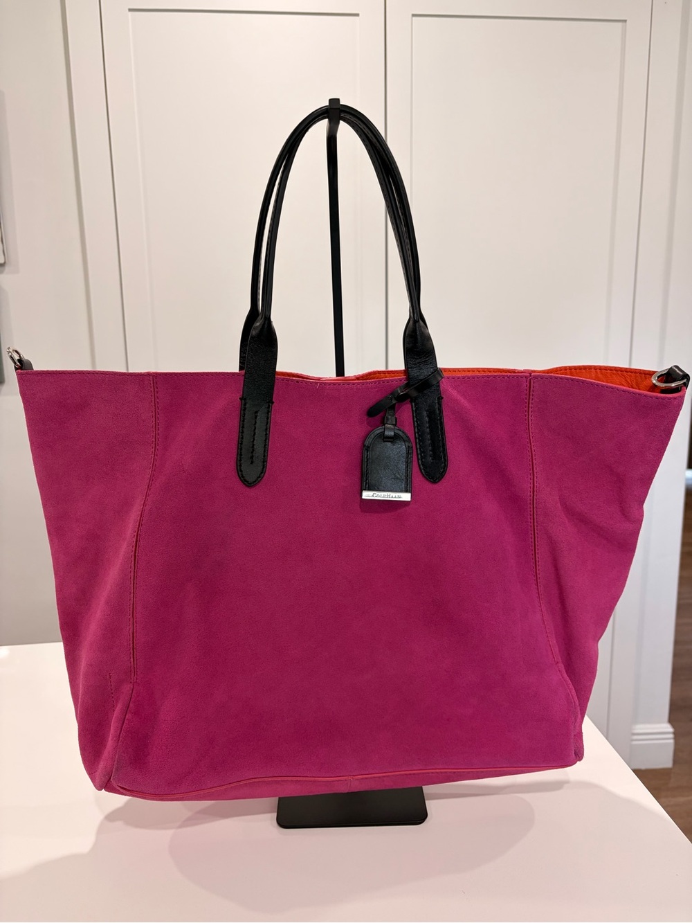 Cole Haan Pink Suede Tote with Black Handles